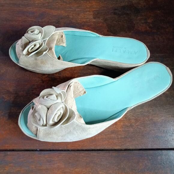 Amalfi By Rangoni Firenze Gold Blue Leather Shoes Wedges Size 81/2 Med GUC - Picture 2 of 9